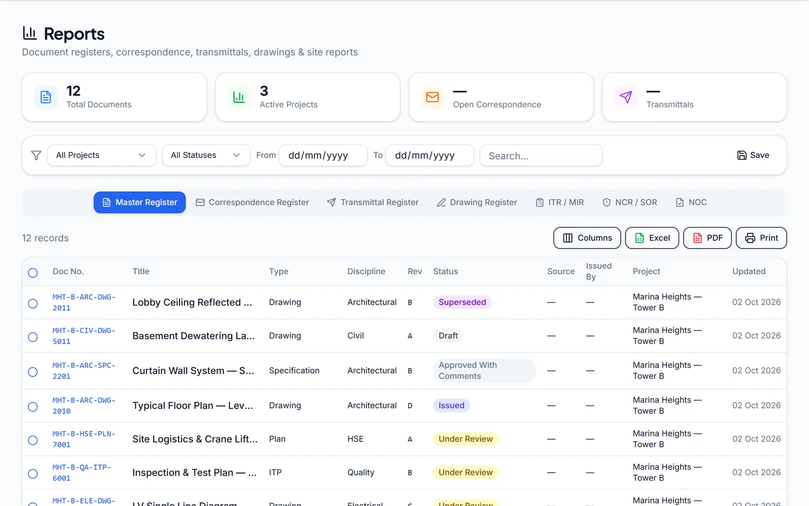 Reports screen with the master register selected, register tabs and Excel and PDF export buttons above a table of documents